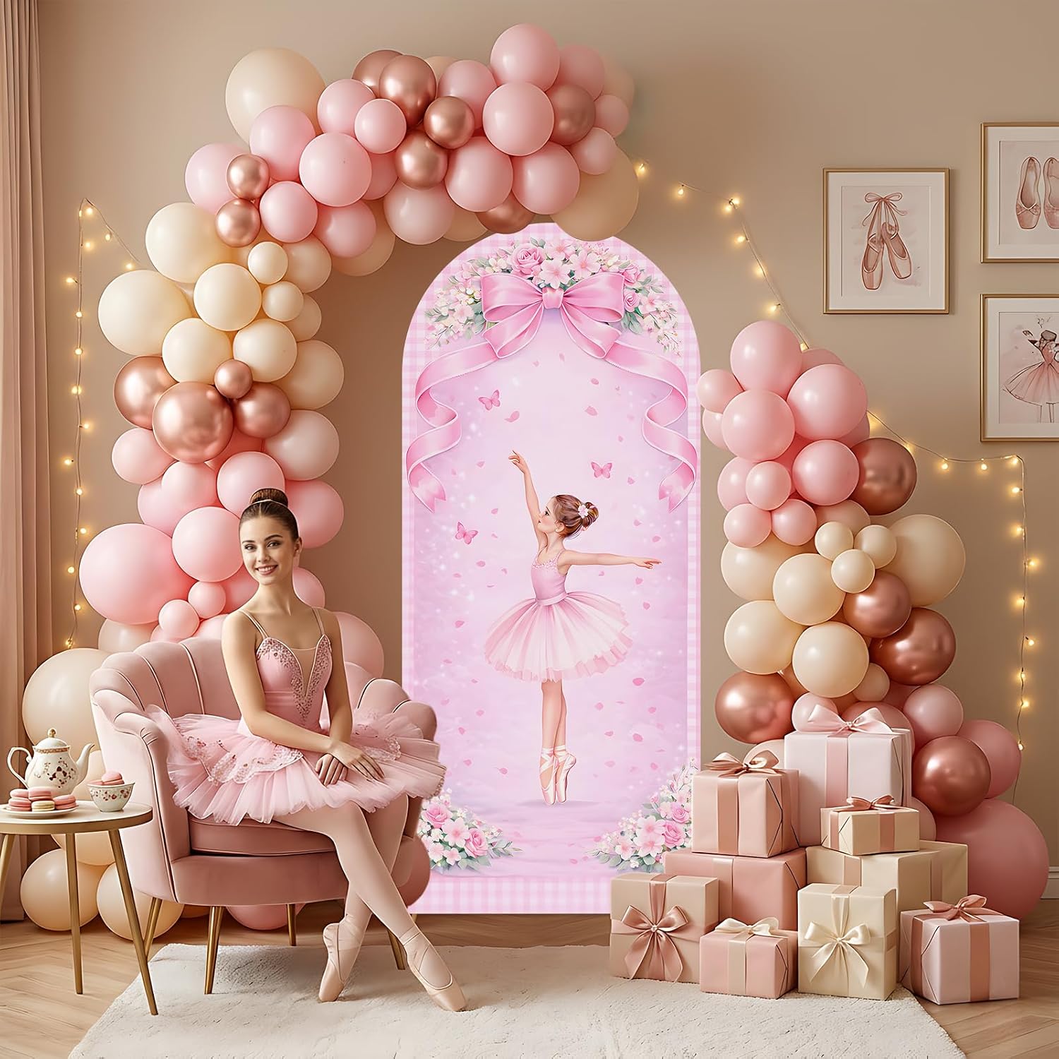Dessert Table Backdrop - Aangepaste dubbelzijdige ballerina-achtergrondhoes voor verjaardagsfeestjes, roze