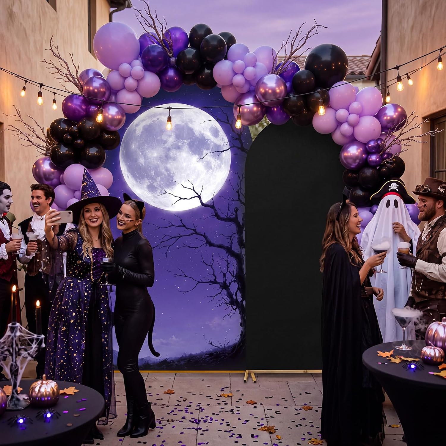 Dessert Table Backdrop - Aangepaste dubbelzijdige Halloween-gezinfeestbanner boog achtergrondhoes paarse